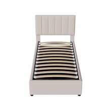 Upholstered Single Bed 90 X 200 Cm, Youth Bed, Bed With Storage Space, Wooden Slatted Base, Headboard With Storage Compartment, Beige Linen Fabric (2 Packs) - Màu be - Xem 7