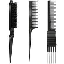 3 Pieces Pick Teasing Combs Hair Brush Set Includes Black Carbon Lift With Metal Prong, Triple Pin Rat Tail Comb, Nylon Bristle Hair Brush WomenBlack And Red,Hair Tools,Hair Items,Travel Essential,Travel,Barber,Hairstylist,Barber Accessories,Valentine's Day,Hair Supplies,Hair Stylist,Barbershop,Salon,Vacation Essentials,Hair Products,Barbershop,Valentine's Gift,Travel Essentials For Women,Hair Stylist Tools - Black - View 2