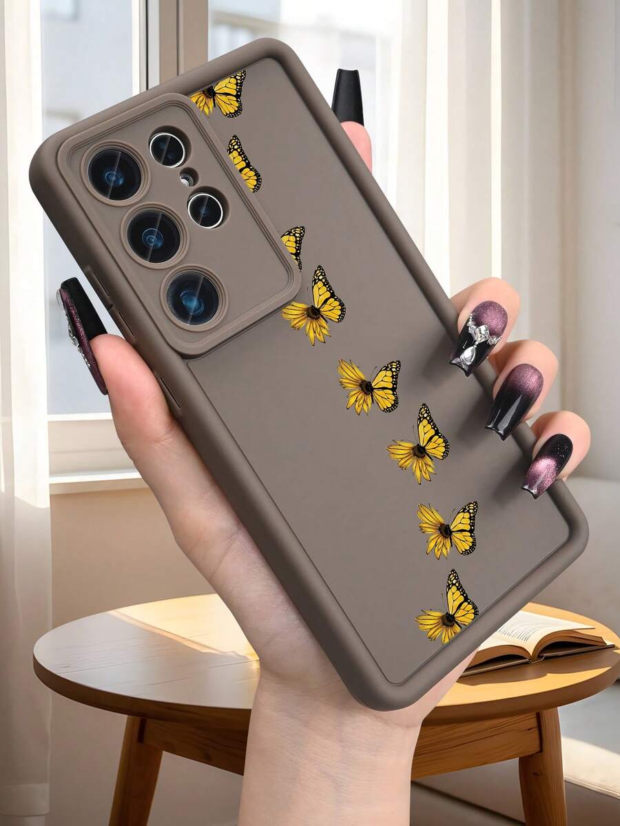 Cute Yellow Butterfly Pattern Protective Phone Case For Women Minimalist Aesthetic Design Shockproof Cover Compatible With Samsung Galaxy S25Ultra/S25Plus/S25/S24Ultra/S24Plus/S24/S24FE/S23Ultra/S23Plus/S23/S22Ultra/S22Plus/S22 - Cà phê nâu - Xem 1