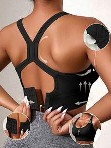 女士无缝瑜伽文胸，防震，工字背设计，轻薄，提拉，无钢圈，纯色交叉肩带，舒适瑜伽内衣，适合室内外运动，透气，性感瑜伽文胸搭配交叉背带瑜伽裤，健身房专用无钢圈文胸，防震，舒适内衣 - 黑色 - 查看 7