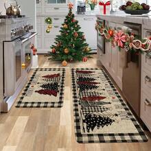 1/2/3pcs Black & White Plaid Christmas Tree & Merry Christmas Kitchen Mat Set, Subtle Winter Home Decor Kitchen Carpet - Multicolor - View 6
