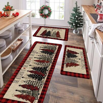 1/2/3件套红色水牛格纹圣诞树圣诞快乐厨房地垫套装，简约冬季家居装饰厨房地毯
