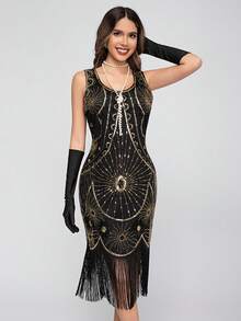 فستان مرصع بالترتر طراز 1920 أوروبي وأمريكي، فستان كرة فاخر مزين بالخرز والشراريب، فستان عبر الحدود