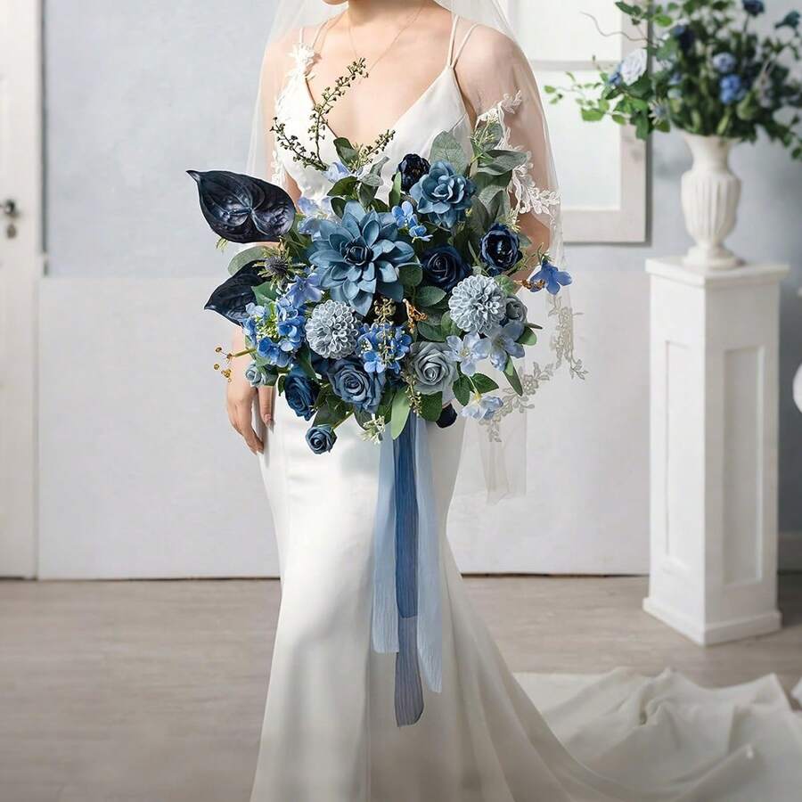 Dusty Blue Wedding Bouquets For Bride, Navy Blue Bridal Bouquets For Bride, 13 Inch Free Form Artificial Wedding Flower BouquetWedding Flowers Bouquets, Small Bridesmaid Bouquet For Bridesmaids, Wedding, Ceremony, Etc - Màu xanh lam - Xem 1