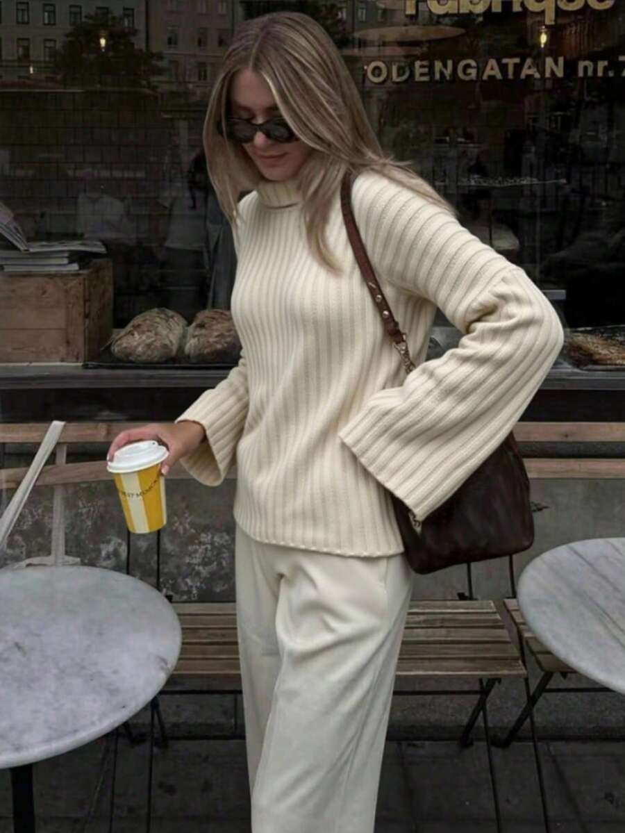 كنزة صوفية نسائية جديدة ذات رقبة عالية محبوكة للخريف والشتاء، بتصميم كاجوال فضفاض مناسب للارتداء اليومي، قياس ضيق، مناسبة لعيد الهالوين