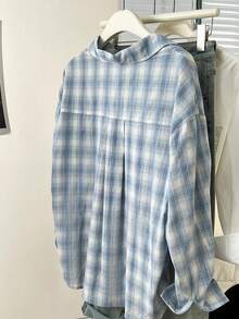 YUXIN Retro Blue Plaid Long Sleeve Chic Loose Fit Shirt For Women, Unique Design, Autumn