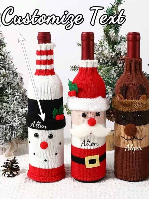 1pc Personalized Name Custom Christmas Creative Wine Bottle Set Decorations Santa Claus Snowman Elk Shape Red Wine Bottle Cover Holiday Party Ornament Gift