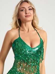 Carnival Sequin Tassel Costume Set, Belly Dance Outfit, Sequin Singer Backless Street Bar Outfit, Bohemian Style, Retro Style, Suitable For Festivals, Parties, Nightclubs, Beaches, Exotic Style Clothing Decoration - Multicolor - View 30
