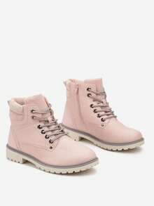Soft Faux Suede Lace-Up Combat Boots - Women's Casual Winter Boots - Pink - View 5