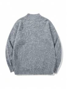 休闲宽松针织条纹不对称纽扣半开衫套头衫上衣，男士，春/秋/冬 - 灰色 - 查看 5