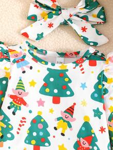 2pcs/Set Baby Girls' Christmas Element Print Long Sleeve Jumpsuit With Headband - Multicolor - View 4