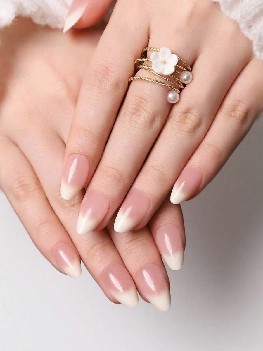 24片短款杏仁形甜美风格法式渐变粉状美甲贴片，1卷，1片果冻凝胶美甲贴片 - 彩色 - 查看 1