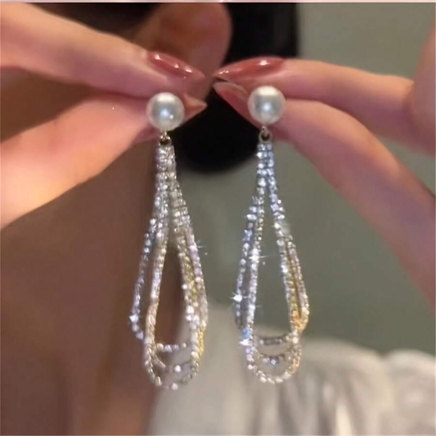 1 Pair Of Exquisite Dangle Earrings - Drop & Dangle With Inlaid Artificial Pearl, Sparkling Tassel Design, Golden Or Silvery Finish, Luxury Jewelry For Women, Durable And Hypoallergenic, Perfect For Daily Wear Or Special Occasions - 銀色 - 查看 1
