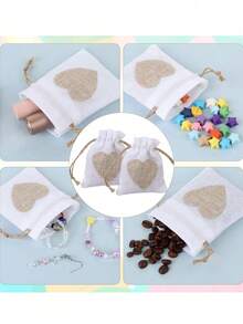 10 buc - Pungi de pânză de sac, pungă de cadou din in cu șnur și imprimeu cu inimă, mini pungă de cadou pentru bijuterii cu șnur, perfectă pentru nuntă, pungă de cadou pentru domnișoare de onoare, petrecere, ziua de naștere, Halloween, Ziua Recunoștinței, cadouri pentru petreceri de Crăciun
