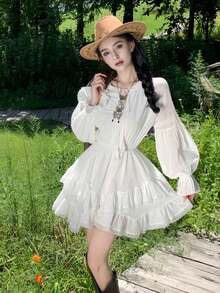 女士优雅蕾丝荷叶边不对称连衣裙 生日派对仙女裙 春夏灯笼袖假日沙滩装 返校节音乐会服装 白色 - 白色 - 查看 6