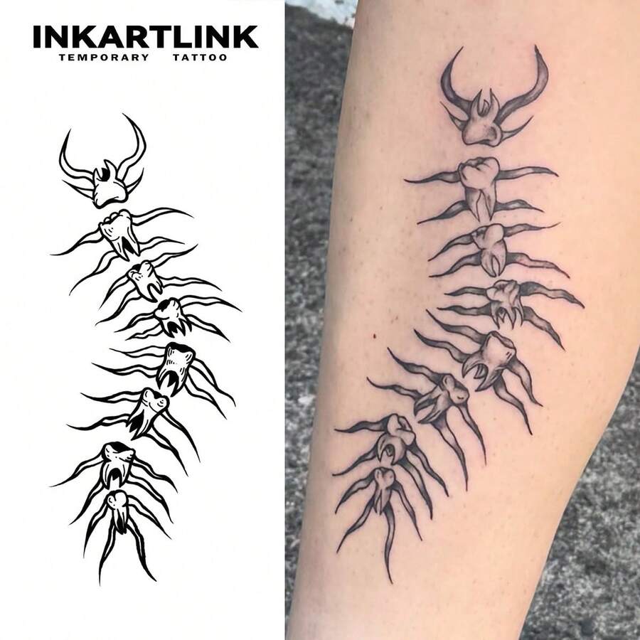 INKARTLINK Dark Teeth Demonic Centipede, Thorny Totem Gothic Pattern Herbal Temporary Tattoo, Dark Horror Totem Design, Waterproof Long-Lasting 14 Days - Black - View 1