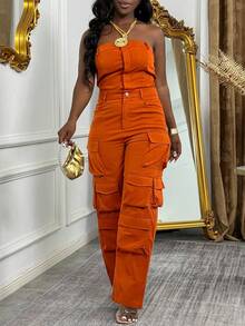 Sweet And Cool Fashion Women's Y2K Style Workwear Jumpsuit, Denim Jumpsuit, Denim Workwear, Mid Waist Non Elastic, Waist Cinching And Hip Lifting, Loose And Slimming, Suitable For All Seasons, Paired With Multi Pocket Design,  And Cool, Suitable For Back To School Season, Hot Girls, Work, Outdoor Work, Outdoor Activities, Travel, Streets, Nightclubs, Parties, Fashion Shows - 橘色 - 查看 6