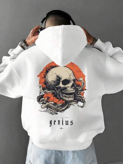 Abstract Skeleton Men's Sunset Skull Print White Hoodie With Drawstring Pocket Design