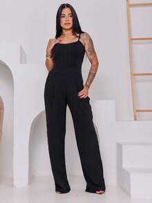 Macacão lomgo boca larga Simples Poliéster femenino verão