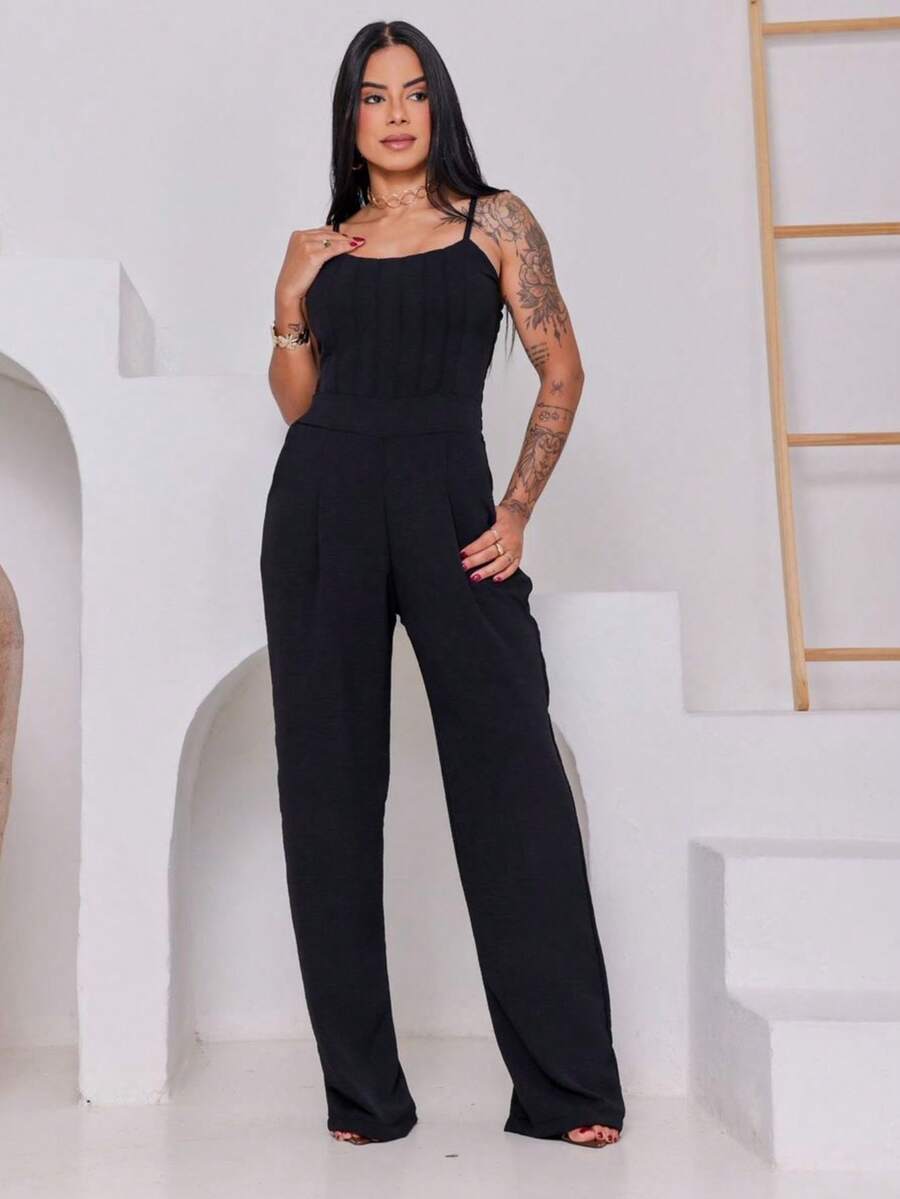 Macacão lomgo boca larga Simples Poliéster femenino verão