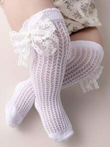 Calcetines de encaje con volantes, de malla transpirable, nuevos calcetines de transferencia con perlas, calcetines largos para el tobillo de niñas bebés y niños pequeños de 0 a 3 años - Blanco - Ver 3