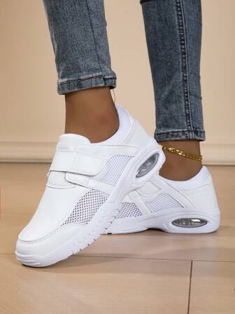 Women's Breathable Running Shoes With Stability Technology And Arch Support - 4-Season White Athletic Sneakers, White Cushioned Soles, Traction Tread And Ergonomic Design, Suitable For Gym, Jogging, Walking - All-Terrain Comfort, Multipurpose Casual Sports Shoes - Solid Color Hook And Loop Design, Arch & Stability, Rubber Outsole, All-Weather Wear, Suitable For Road Running And Daily Use, Women's Platform Sneakers, Black Running Shoes, Women's Arch Support Shoes, Women's Athletic Shoes, Women's Running Shoes