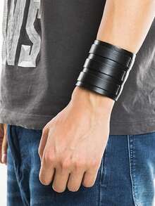 Xiacheng 1/2pcs Adjustable Black Punk Rock Style Triple-Layer PU Leather Bracelet, Punk Wristband Suitable For Men, Couples And Parties - Three-buckle Leather Bracelet - View 7