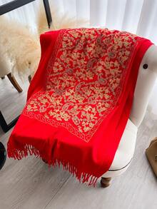 1pc Faux Cashmere Paisley Floral Embroidered Scarf, High-End Palace Style, Fashion Versatile Thick Warm Tassel Shawl Wrap For Women, Autumn/Winter, Suitable As Gift For Women/Mothers, Daily Wear