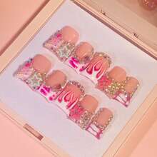 NailLuxe 10 PCS Handmade Duckbill Press - On Nails | SweetStarGlam With Acrylic Star Rhinestones, Swirl Patterns & Crystal Accents - Red and White - View 4