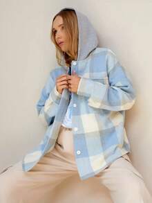Women's Elegant Warm Qversized Checkered Autumn Shirt With A Hood ,Long Sleeve Plaid Casual Party Spring Fall Buttons Cardigan
