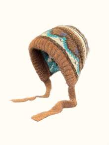 1 件复古北欧花卉图案耳暖针织帽，可系成可爱的蝴蝶结，保暖防寒性能极佳，复古费尔岛针织拉法帽，适合女士雪天和户外活动，秋冬季