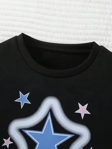 Girls 2pcs Set Star Print Long Sleeve Sweatshirt Cartoon Graffiti Denim Elastic Waist Long Pants Spring Autumn Sweet Casual Outfit - Multicolor - View 6