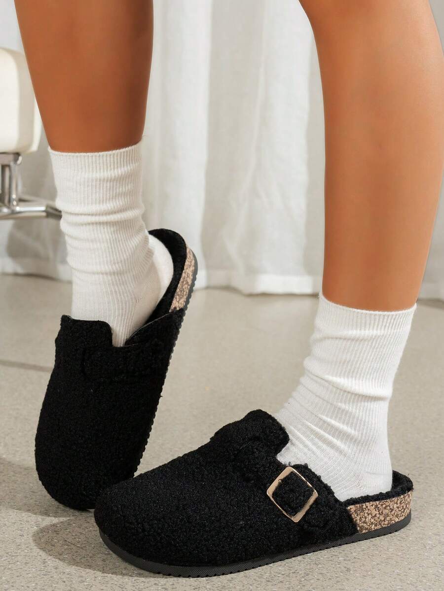 女士时尚新款毛绒一脚蹬拖鞋，单扣，舒适适合室内外度假休闲穿着，百搭平底凉鞋