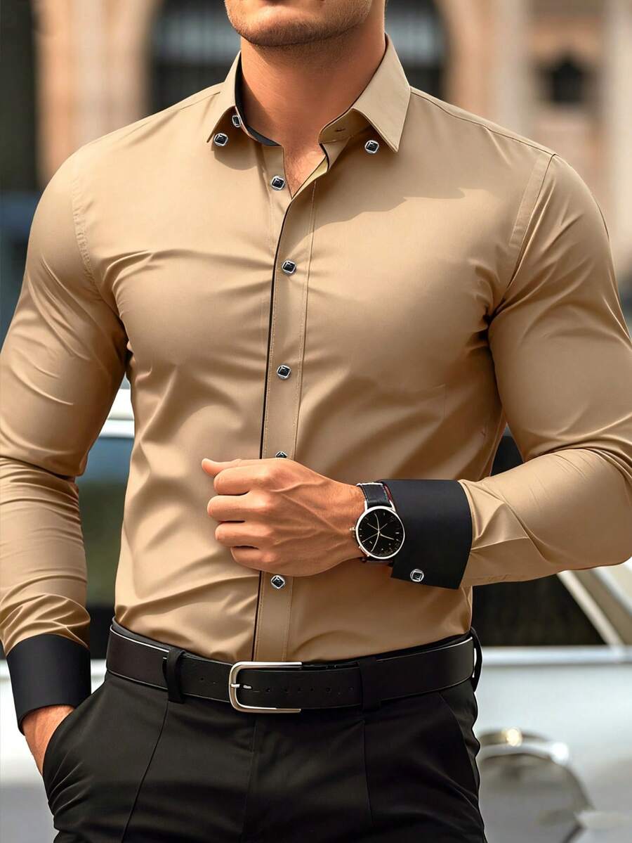 Men's Contrast Trim Long Sleeve Formal Shirt, Khaki With Black - Khaki - View 1