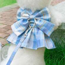 1pc Pet Dog/Cat Plaid Skirt Harness Leash Set, Teddy/Poodle Outdoor Clothes, Autumn/Winter - Blue - View 3