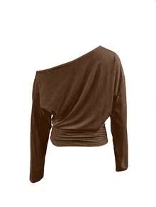 SMILE CHIC 棕色不对称肩长袖T恤，休闲舒适百搭，适合春秋季穿着，日常穿着、度假和户外活动皆宜。 - 棕色 - 查看 5