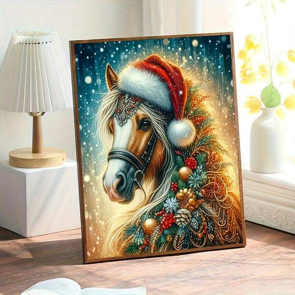 1pc Horse Wearing Christmas Hat DIY Diamond Painting Art Kit, Diamond Painting Set And Accessories, Acrylic Round Diamond Mosaic Art, Multiple Sizes Available[30x40cm/11.8x15.75in][40x60cm/15.75x23.64in]Suitable For Mother's Day, Father's Day, Labor Day, Christmas, Halloween, Valentine's Day, Holiday Wall Art[Frame Not Included]