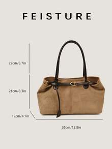 1pc Faux Suede Fashion Color Block Handbag, Strap Decor Shoulder Bag, Magnetic Closure, Suitable For Daily Outing, Dating, Commuting - Khaki - View 4
