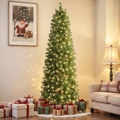 SHARECONN 4/5/6/7/7.5/9ft Artificial Slim Pencil Christmas Tree, Pencil Xmas Tree With Branches Tips,Foldable Metal Stand, Christmas Decorations For Home, Green