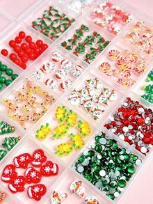 1盒随机混合ABS卡通圣诞美甲饰品，3D圣诞老人、圣诞树、雪人、铃铛、可爱圣诞蝴蝶结花环，镶嵌红色和绿色水钻，美甲配件DIY美甲 - 彩色 - 查看 7