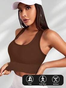 Yefecy 基本款纯色罗纹针织瑜伽运动文胸，防震聚拢无钢圈女式运动文胸，女士运动服 - 棕色 - 查看 3