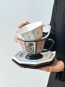 1套法国复古花卉藤蔓陶瓷咖啡杯碟，家用水/下午茶杯碟，节日礼物杯碟 - 彩色 - 查看 13