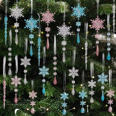 18PCS Christmas Tree Decoration Crystal Ornaments - Hanging Acrylic Christmas Snowflake Icicle Drop Crystal Ornaments For Xmas Tree Winter New Year Party Supplies,Christmas