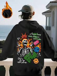 Men'S Hooded Sweatshirt - Gothic Streetwear Pullover Hoodie With Skeleton Graphic, Loose Fit Winter Hoodie For Concerts, Parties & Everyday Edgy Outfits - Fall-Winter Clothing, Sweater Hoodie, Party Attire, Concert Apparel,Fall Hoodies,Men's Fall Clothes,Street Wear,Halloween,Mens Hoodies,Y2k Clothes,Jesus Hoodie,Thanksgiving Day,Nightmare Before Christmas,Christmas - 黑色 - 查看 1