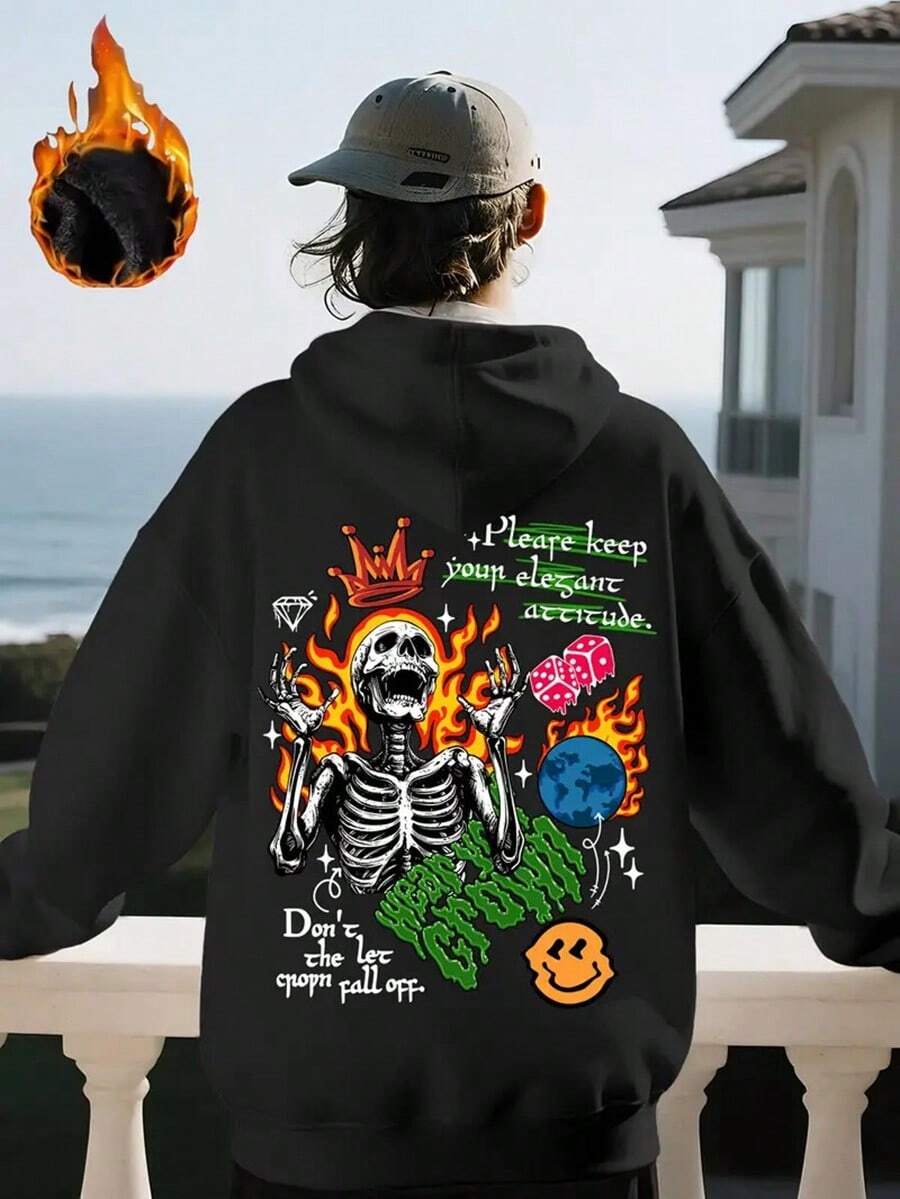 Men'S Hooded Sweatshirt - Gothic Streetwear Pullover Hoodie With Skeleton Graphic, Loose Fit Winter Hoodie For Concerts, Parties & Everyday Edgy Outfits - Fall-Winter Clothing, Sweater Hoodie, Party Attire, Concert Apparel,Fall Hoodies,Men's Fall Clothes,Street Wear,Halloween,Mens Hoodies,Y2k Clothes,Jesus Hoodie,Thanksgiving Day,Nightmare Before Christmas,Christmas - 黑色 - 查看 1