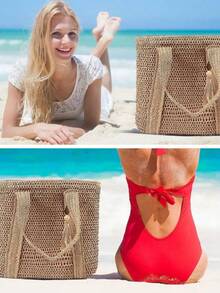 DESC Large Summer Straw Shoulder Bag With Key Ring, Zipper Closure, B-11 STRAW - Brown - View 6