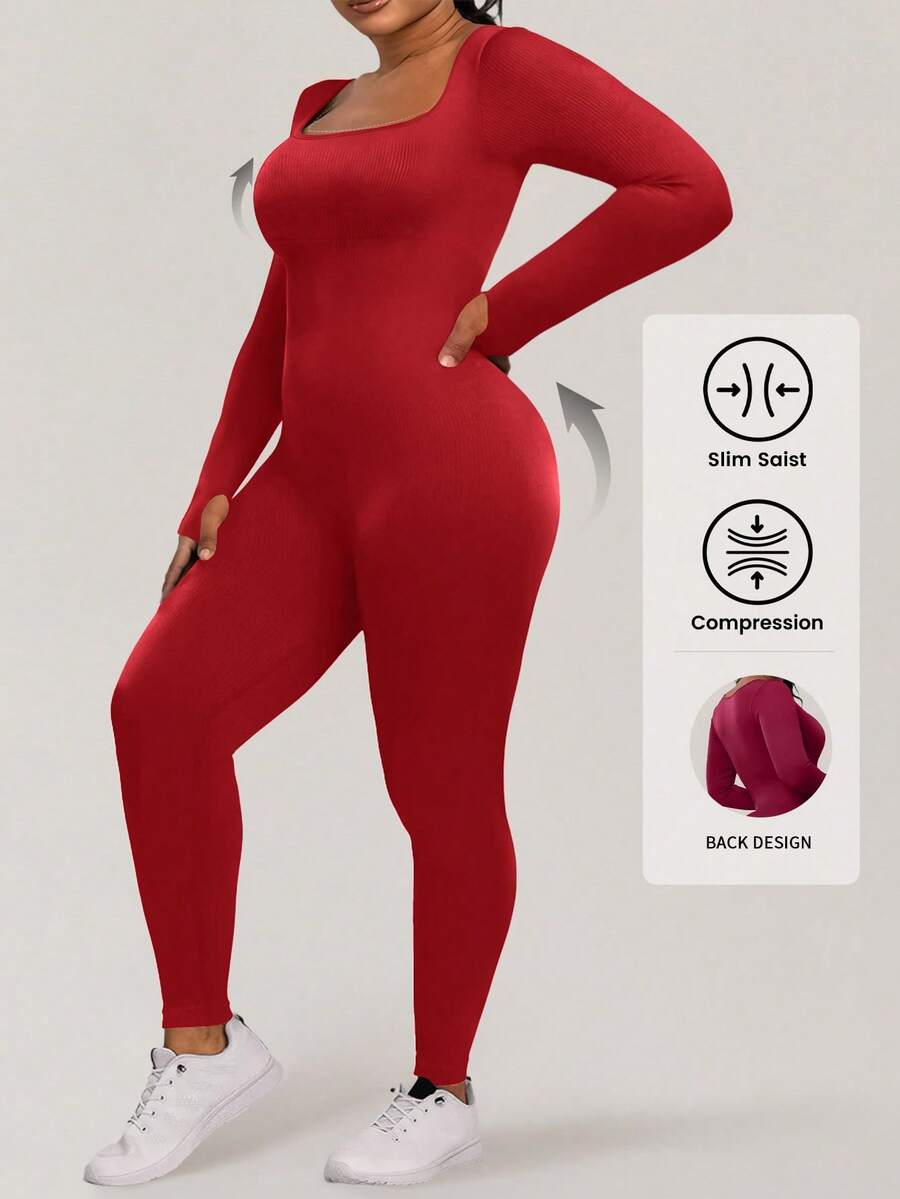 Yefecy Elegant Casual Waistline Solid Color Long Jumpsuit With Tight Fit, Square Neckline, And Plus Size For Women - 紅色 - 查看 1