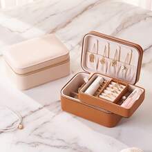 1pc Elegant Double-Layer Earring Organizer Box - Cream & Golden, Zippered, Fabric-Lined, Multi-Compartment Design For Jewelry Storage, Ideal For Valentine'S Day, Christmas, Halloween, Thanksgiving, And More, Jewelry Organizer|Elegant Accessory Box|Zippered Storage Box, Jewelry Boxes