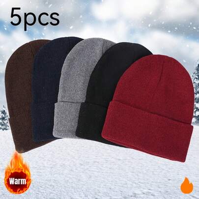 5pcs Set Of Beanies, Stylish And Versatile, High-Elasticity Solid Colors, 5-Color Set, Create Different Style Outfits Every Day, Unisex Christmas Winter Ski Hats For Warmth And Windproof Protection, Ideal Gift Choice