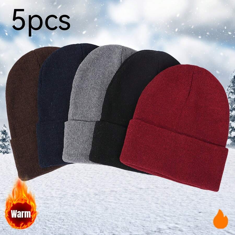 5pcs Set Of Beanies, Stylish And Versatile, High-Elasticity Solid Colors, 5-Color Set, Create Different Style Outfits Every Day, Unisex Christmas Winter Ski Hats For Warmth And Windproof Protection, Ideal Gift Choice - Multicolor - View 1
